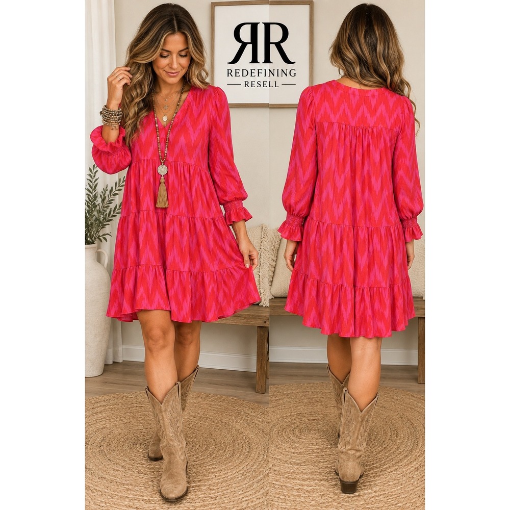 Pomander Place Pink Red Ikat Chevron Tiered V-Neck Mini Dress L